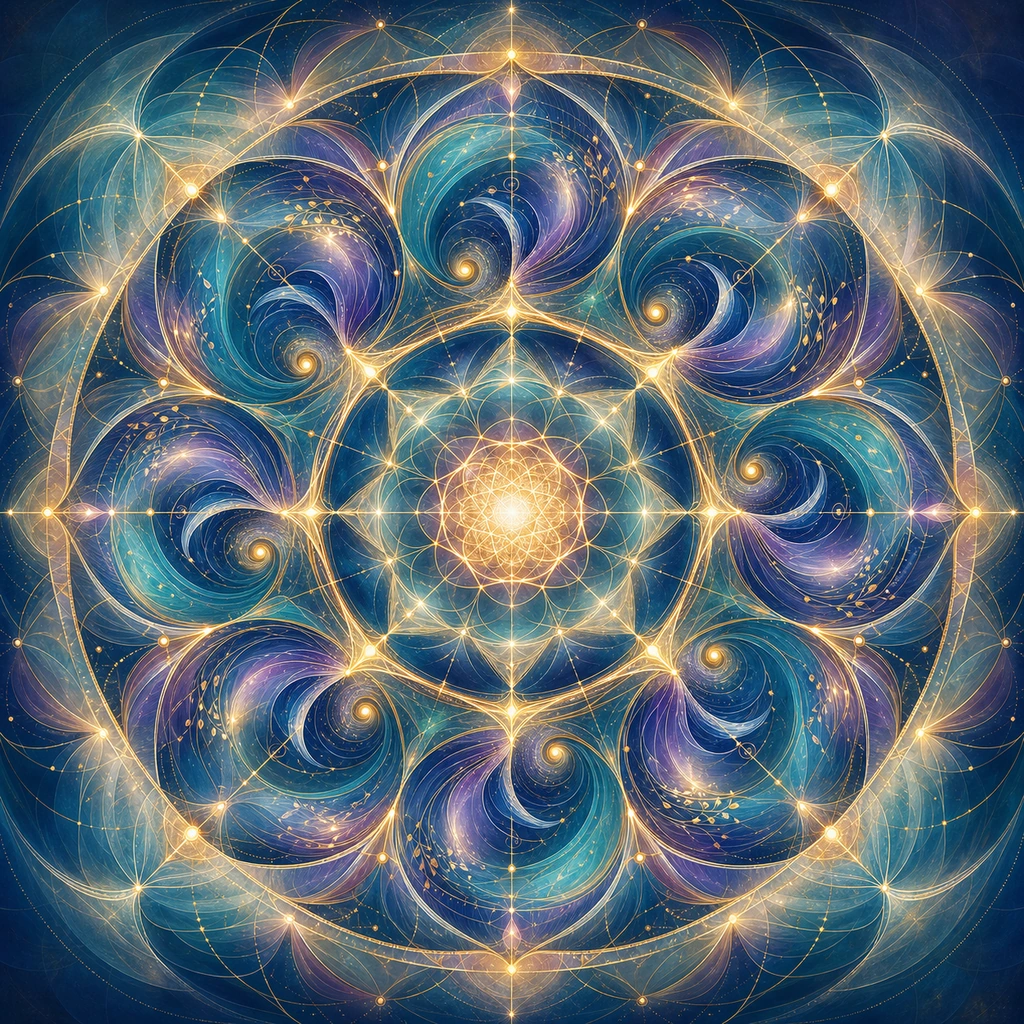 Blaue und violette Spiralen umkreisen ein goldenes Zentrum; feine Lichtlinien verbinden das radiale Mandala.