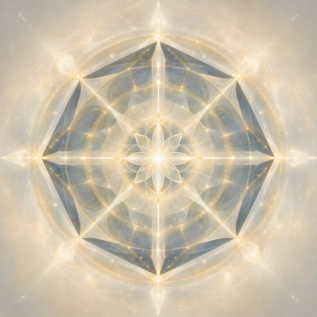 Goldene Achsen durchziehen ein blaugraues, achteckiges Mandala mit einem hellen Zentrum.